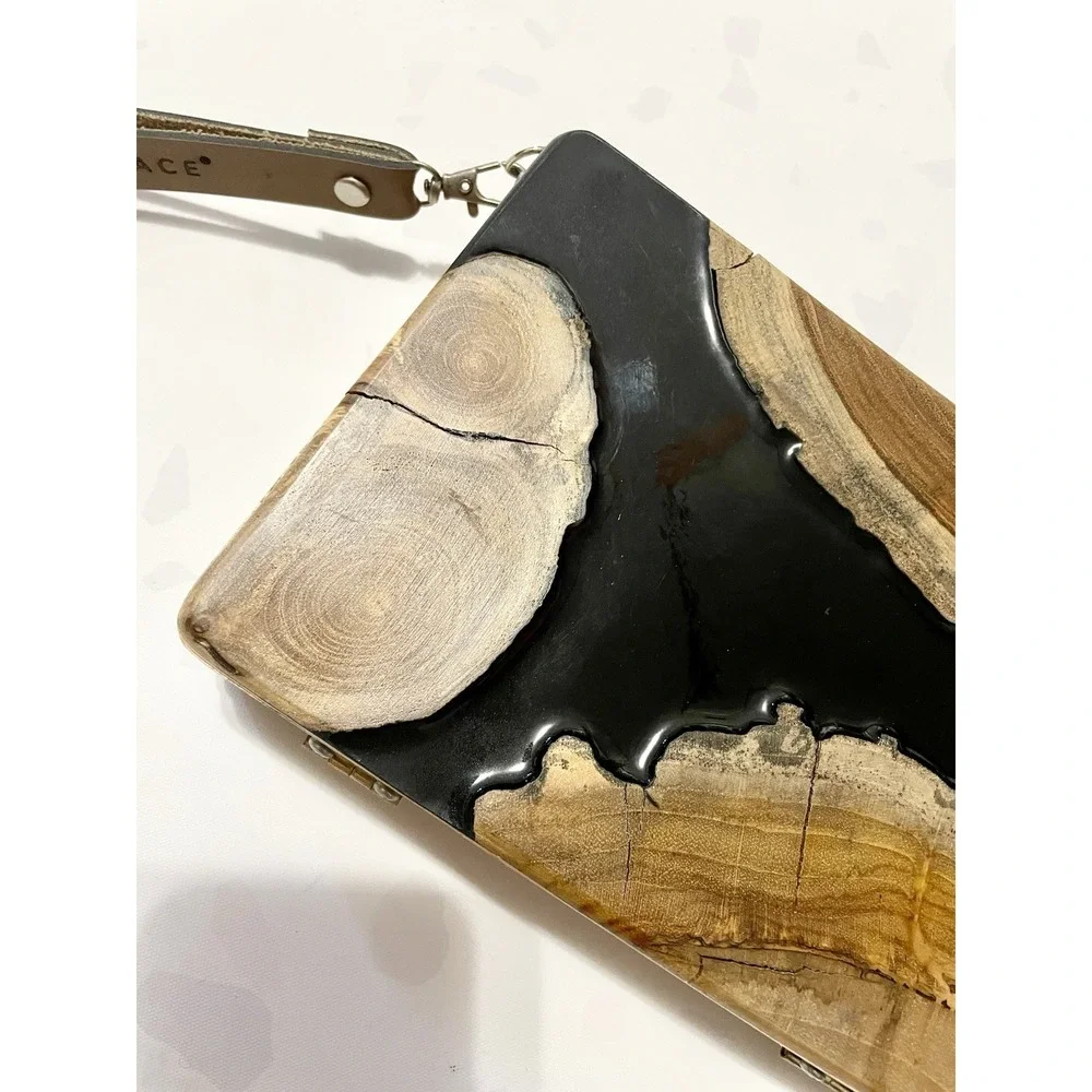 Biofurface $250 Teak Wood Side Handle Bag with Epoxy Resin Eco Friendly Art Fall